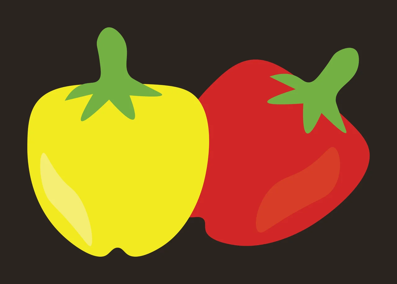 Bell peppers Illustration with yellow pepper, red pepper and green stems contrast preview thumbnail