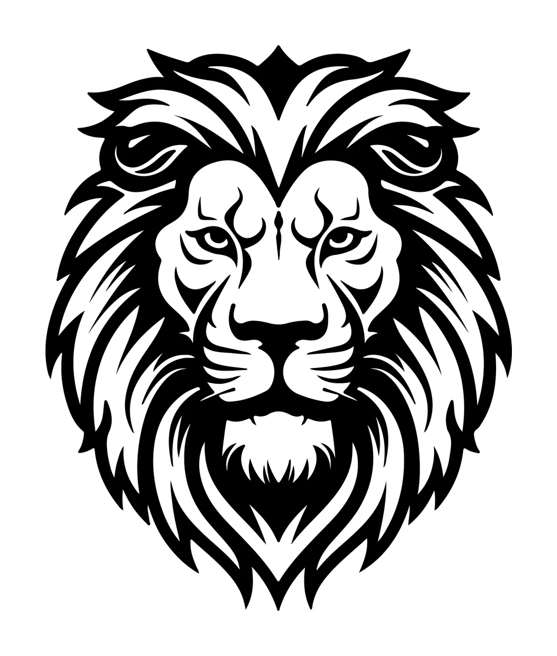 Lion Head Facing Forward mane line art black white animal wildlife