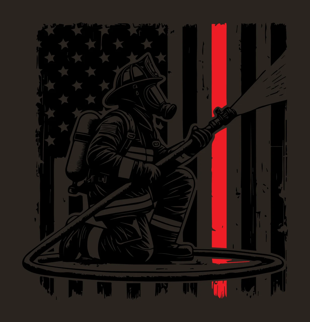 Flag Firefighter Silhouette With Hose spraying water helmet contrast preview thumbnail