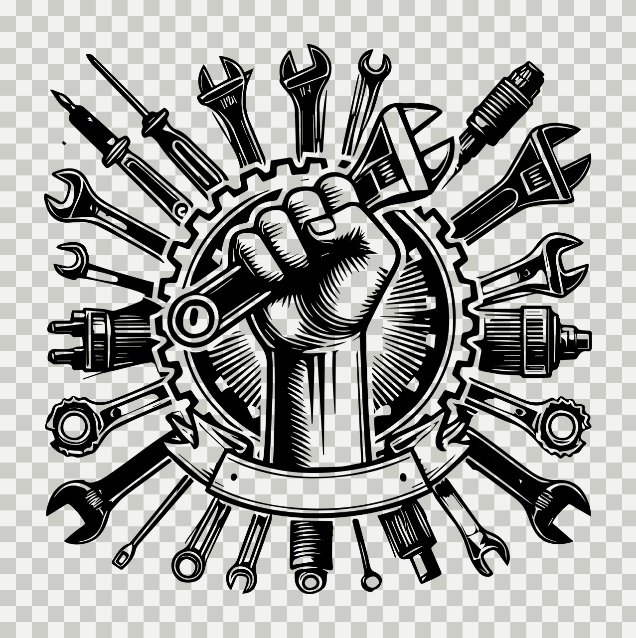 Mechanic Hand Holding Wrench With Tool Border and tools gear transparency and detail preview thumbnail