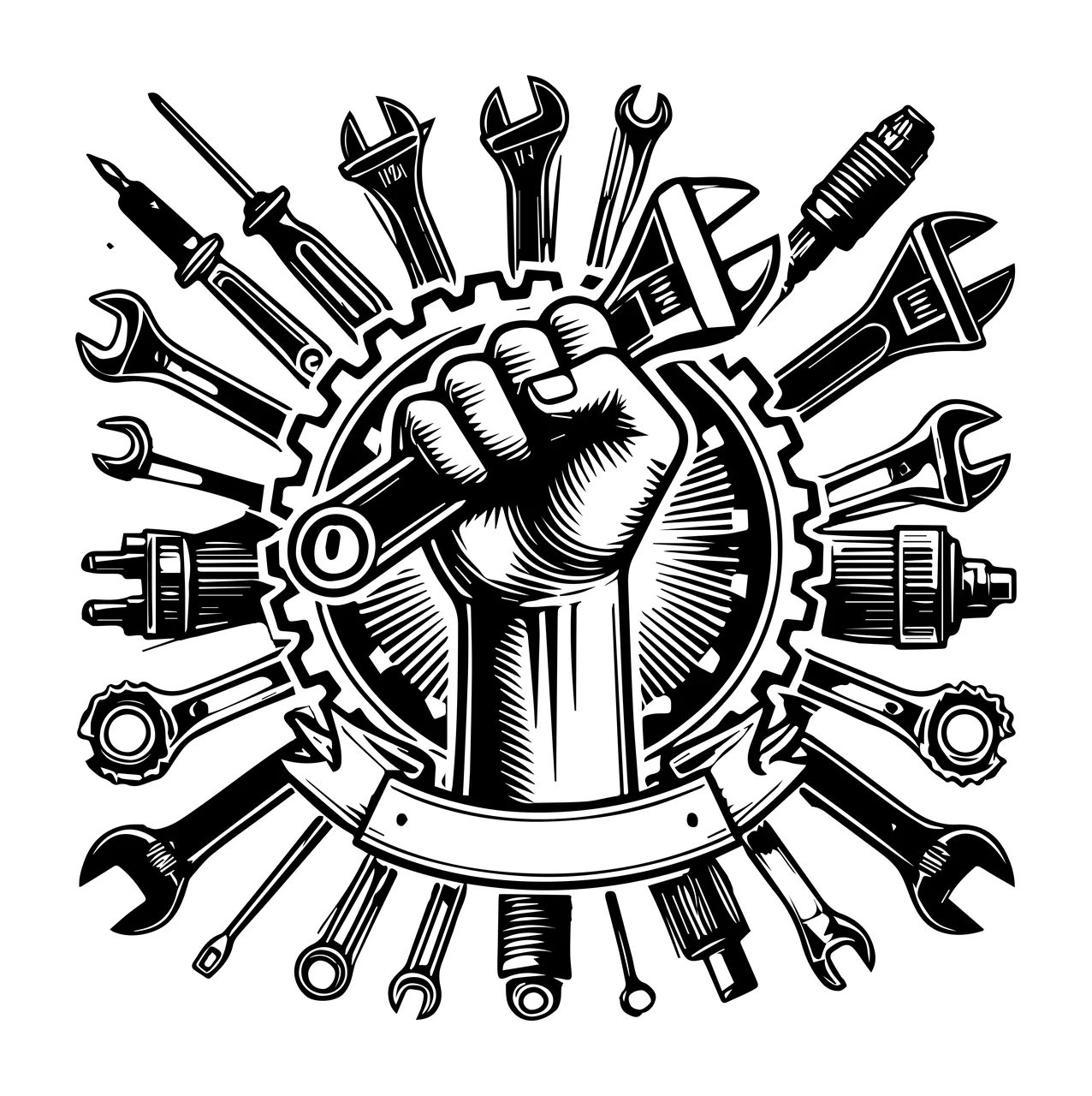 Mechanic Hand Holding Wrench With Tool Border and tools gear