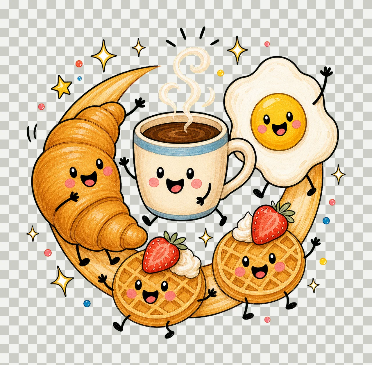 Happy Breakfast Food Doodle Cute Smiling Variation B transparency and detail preview thumbnail