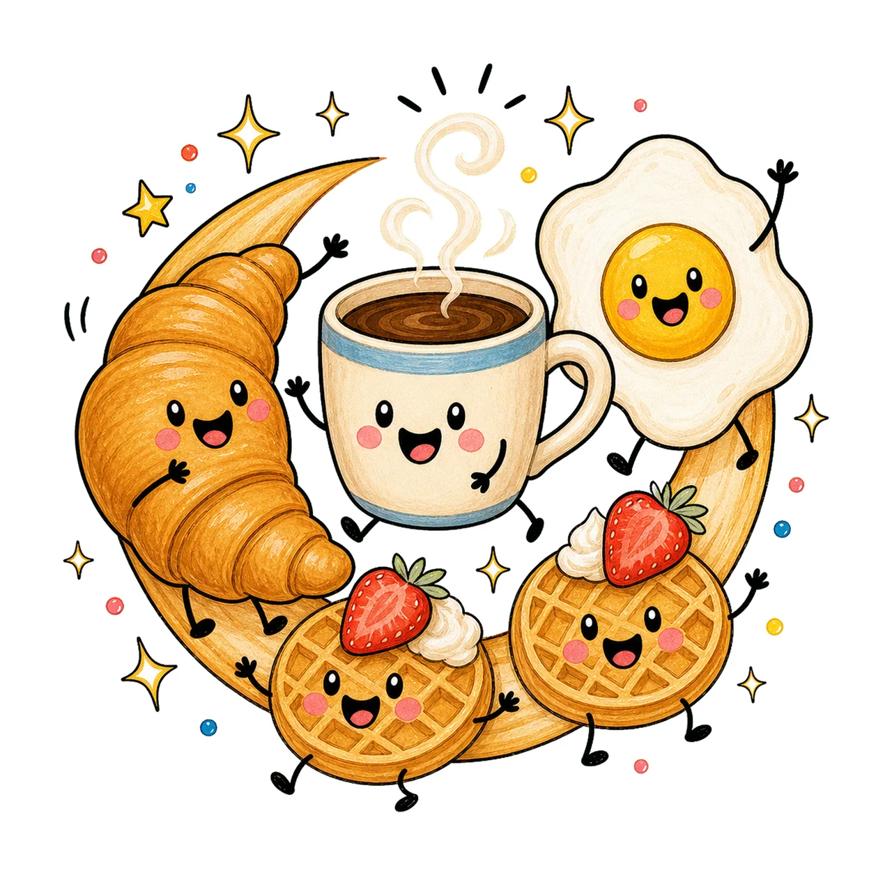 Happy Breakfast Food Doodle Cute Smiling Variation B