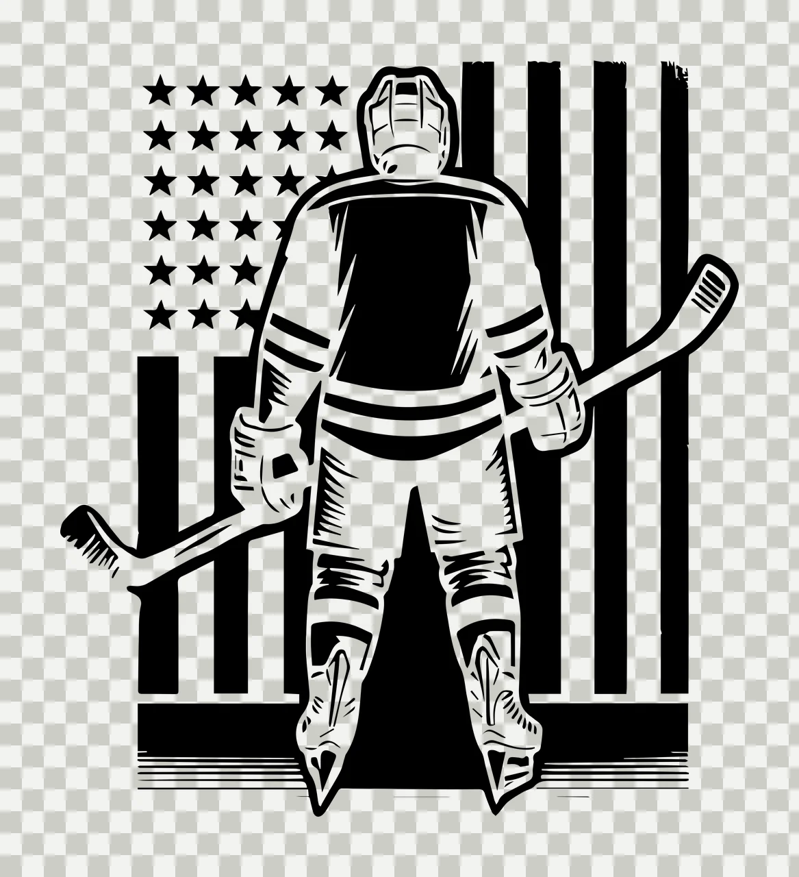 Hockey Player Silhouette With American Flag standing stick transparency and detail preview thumbnail