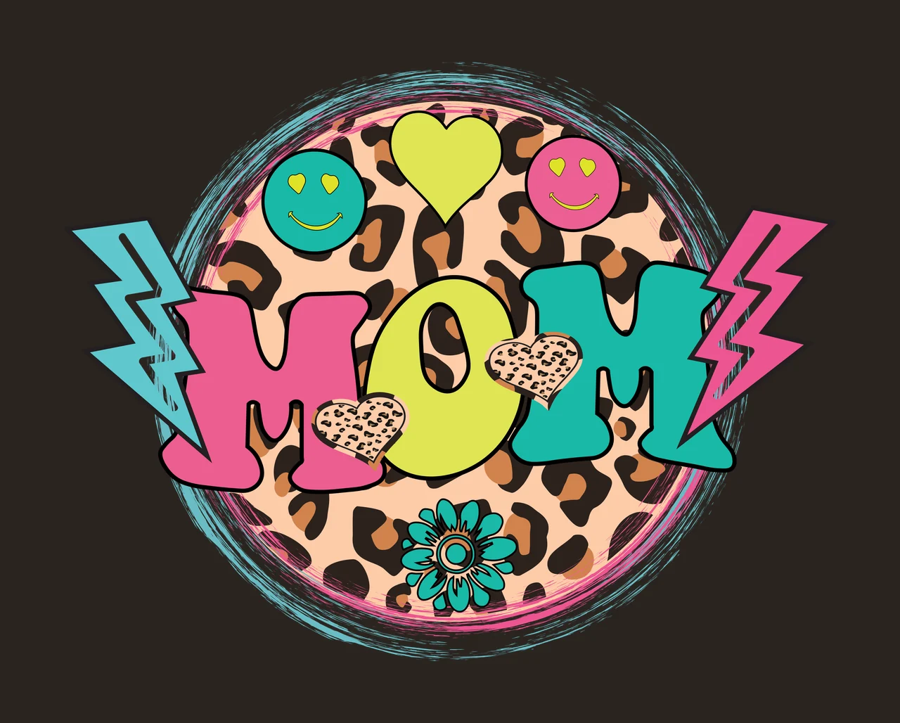 MOM MOM typography Design emblem with MOM text, leopard print circle, teal lightning bolt and pink lightning bolt in yellow contrast preview thumbnail