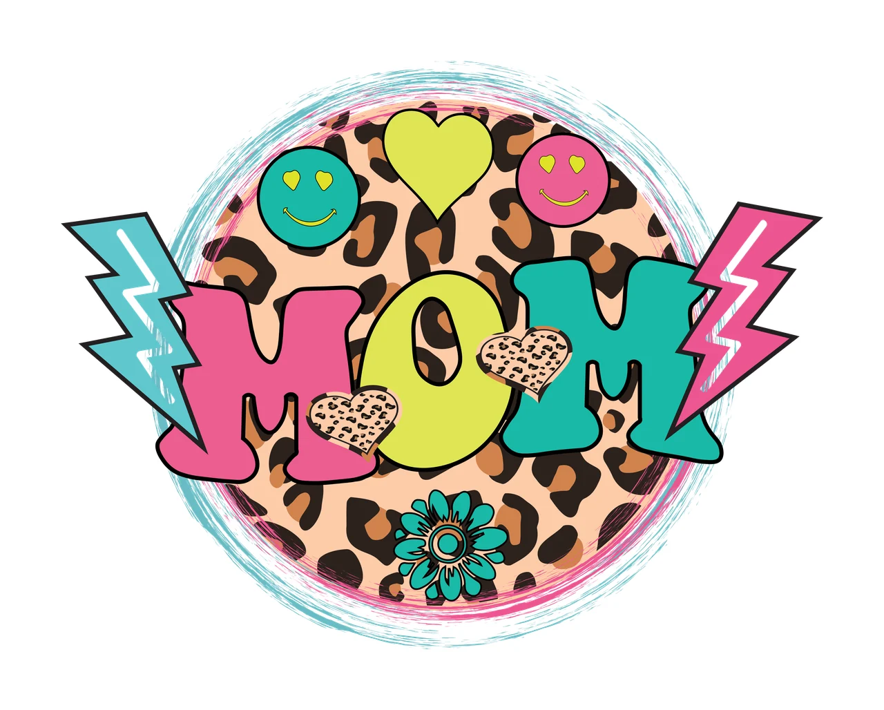 MOM MOM typography Design emblem with MOM text, leopard print circle, teal lightning bolt and pink lightning bolt in yellow