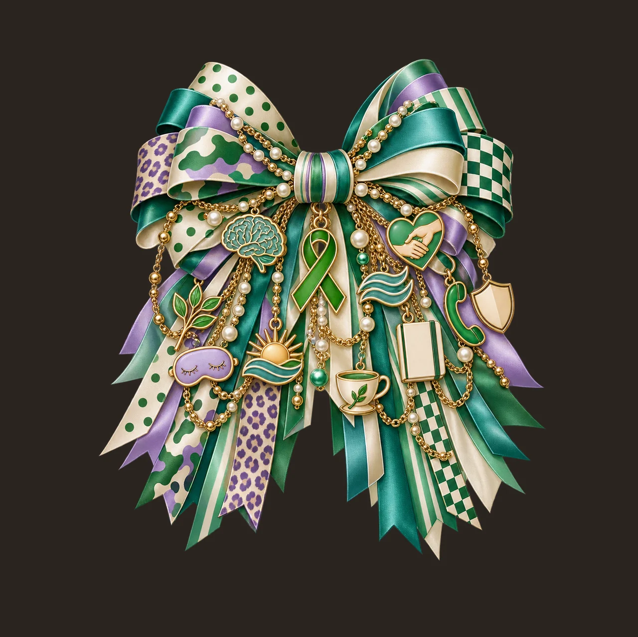 Mental Health Awareness Bow Charm PNG, Gold Chain Charms, Transparent Sublimation Design, Digital Download contrast preview thumbnail