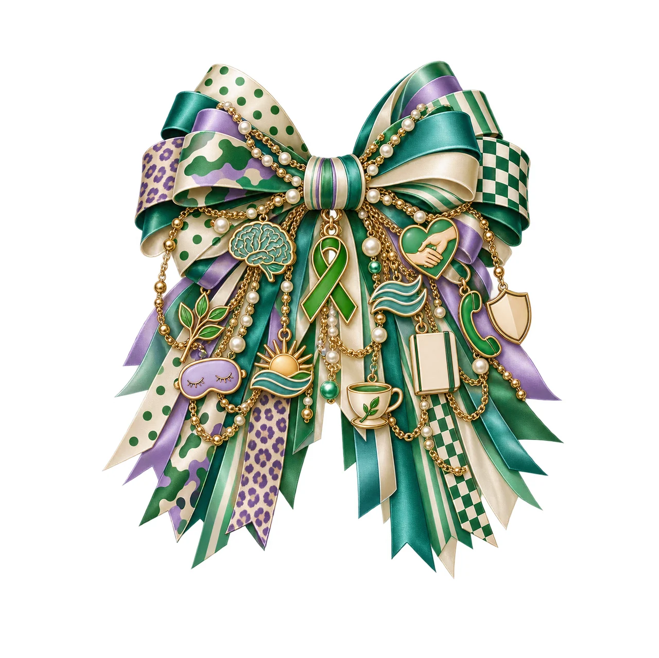Mental Health Awareness Bow Charm PNG, Gold Chain Charms, Transparent Sublimation Design, Digital Download