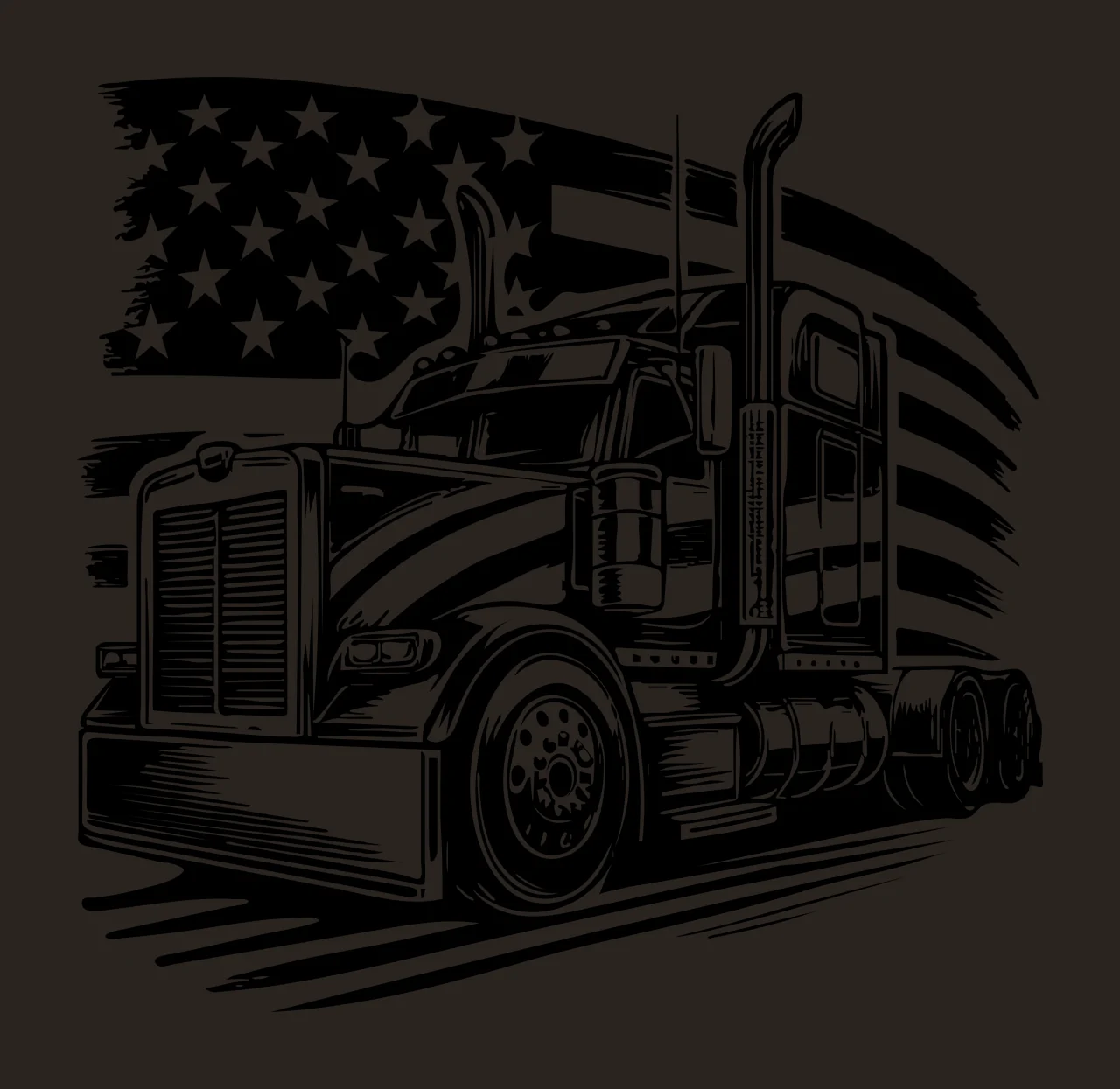 Semi Truck Flag Before American Moving engraving black white contrast preview thumbnail