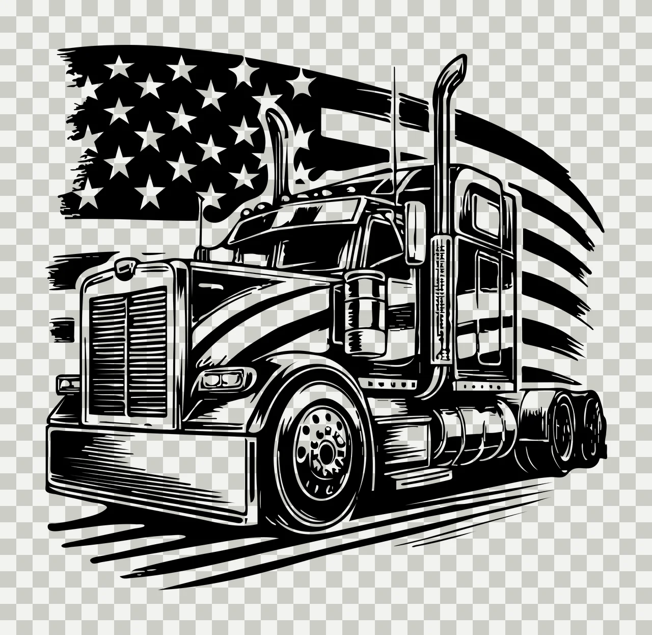Semi Truck Flag Before American Moving engraving black white transparency and detail preview thumbnail