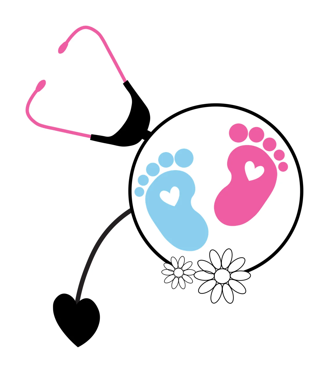 Stethoscope with circular lens showing baby footprints Illustration with pink stethoscope, black earpieces and tubing, blue baby footprint with white heart and two white daisy outlines