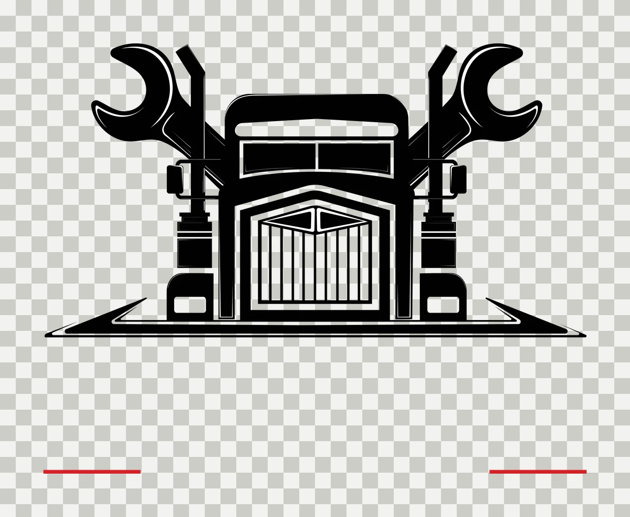 Silhouette Design of Truck front grille with crossed wrenches with black truck front grille, two large wrenches crossed behind truck and red horizontal lines below in white transparency and detail preview thumbnail