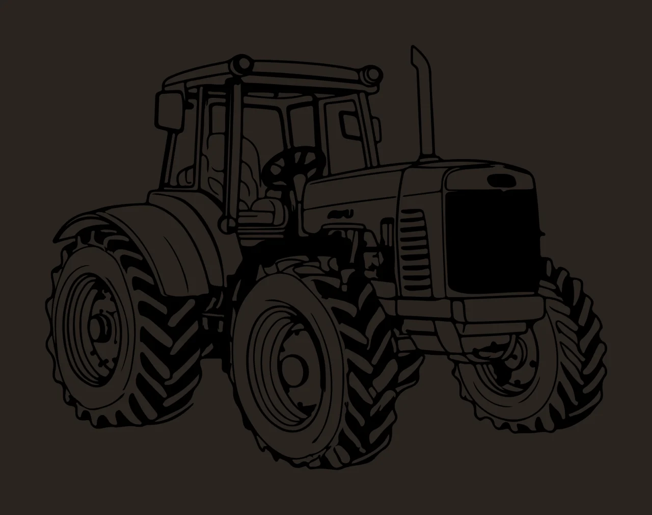 Detailed Outline Farm Tractor resting wheels cabin exhaust pipe contrast preview thumbnail