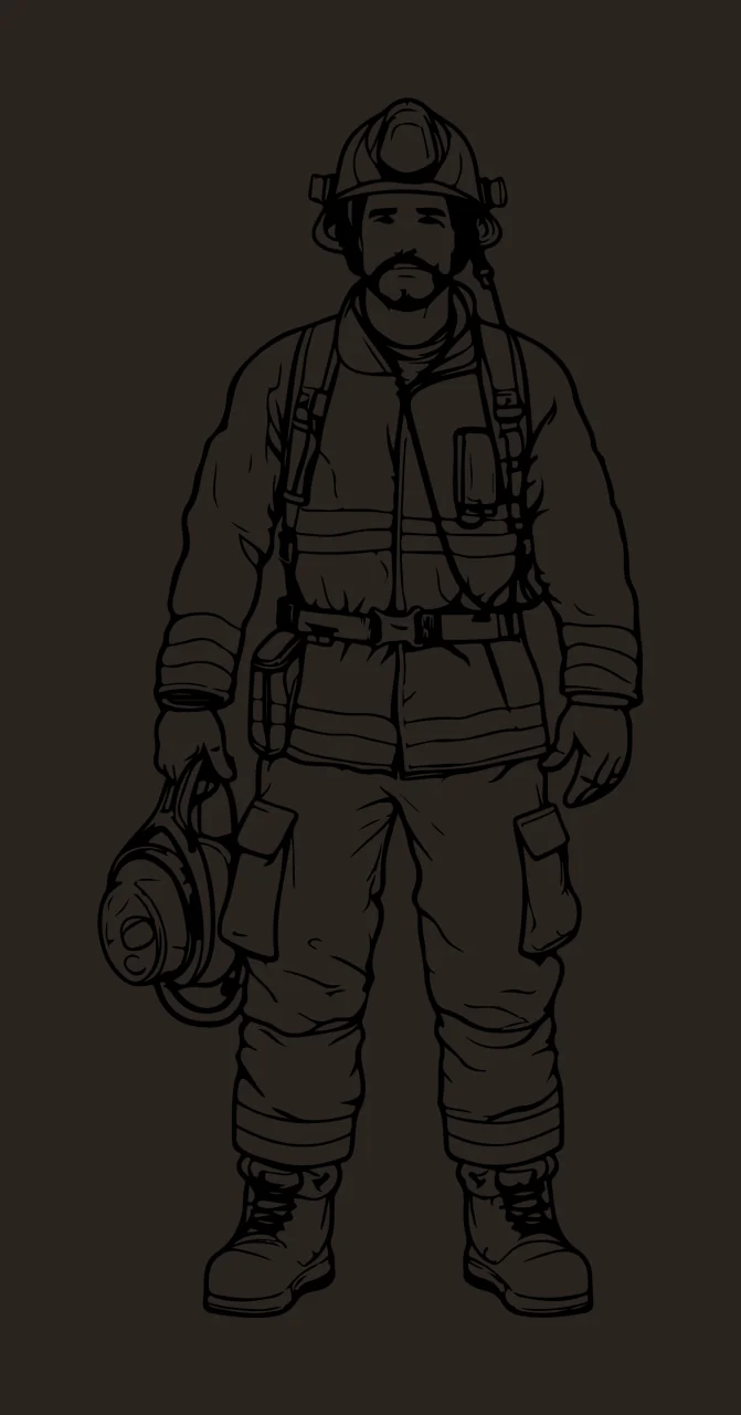 Firefighter Standing With Equipment Line Art helmet coat pants contrast preview thumbnail