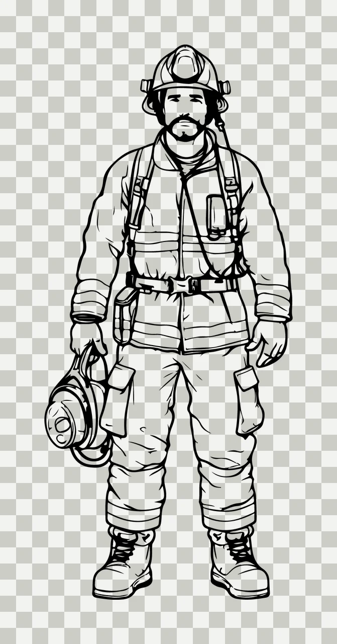 Firefighter Standing With Equipment Line Art helmet coat pants transparency and detail preview thumbnail