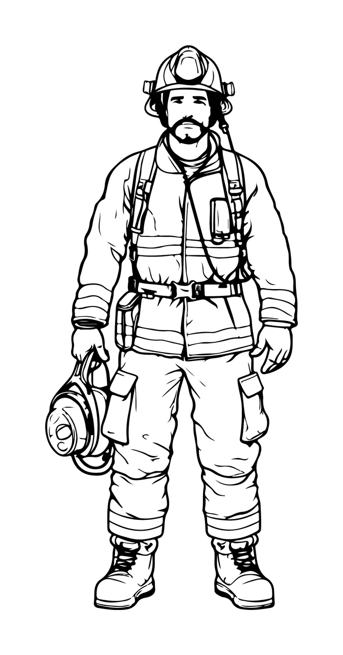 Firefighter Standing With Equipment Line Art helmet coat pants