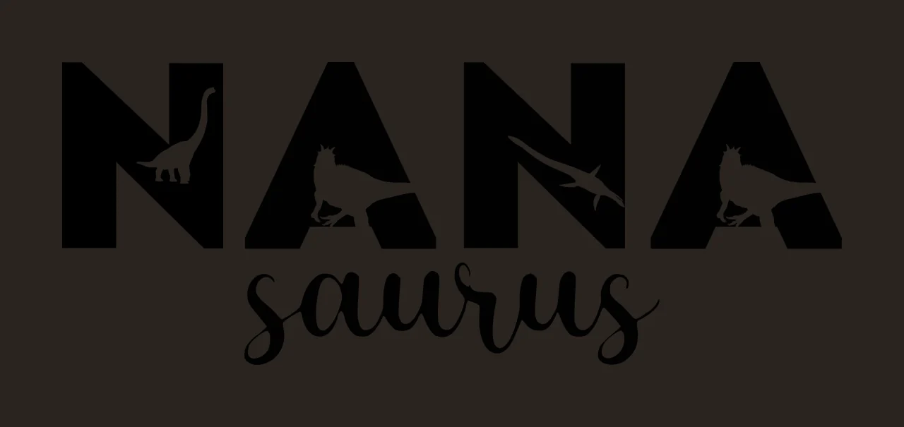 NANA saurus Typography Design with block text NANA, script text saurus, sauropod silhouette and theropod silhouette in black and white contrast preview thumbnail