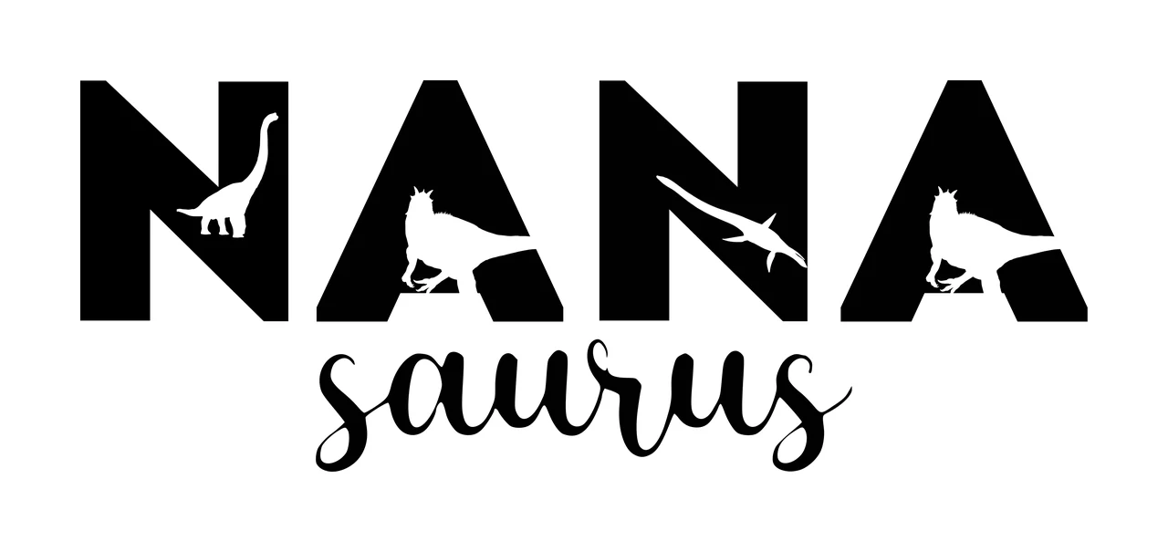 NANA saurus Typography Design with block text NANA, script text saurus, sauropod silhouette and theropod silhouette in black and white