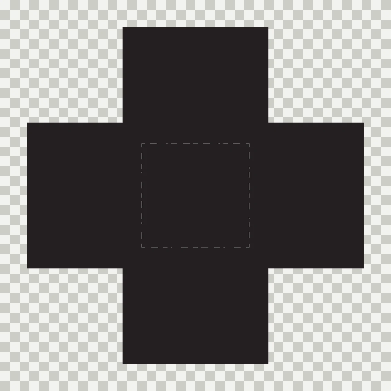 Cross-shaped box template Illustration with black cross-shaped box and dashed rectangle transparency and detail preview thumbnail