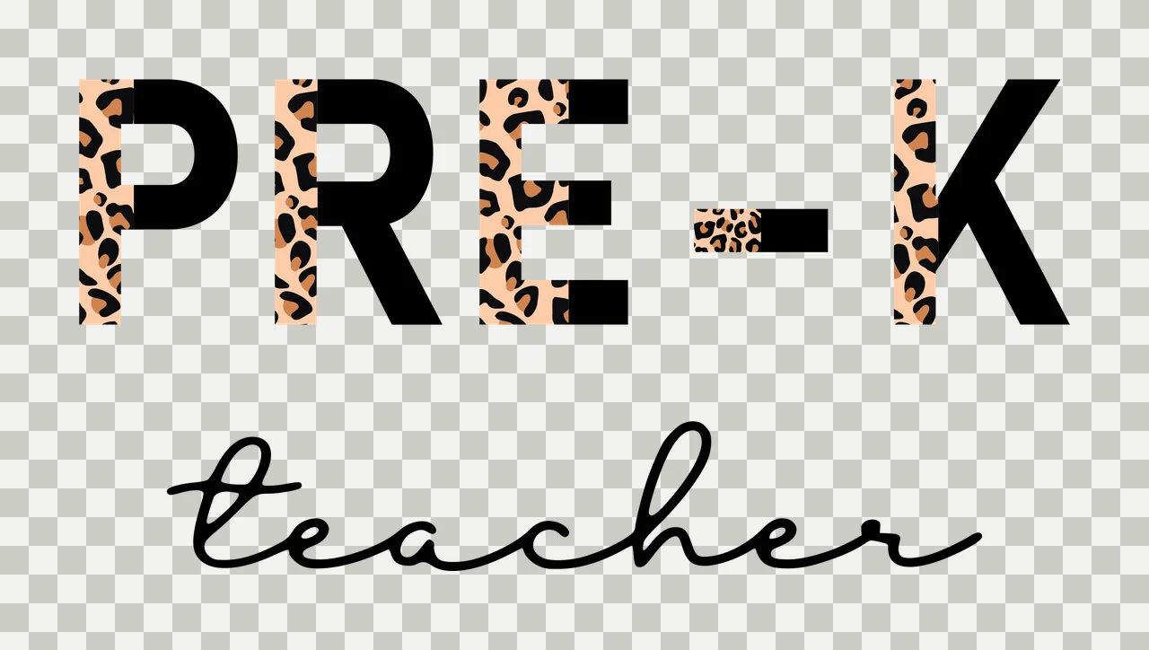 PRE-K teacher Typography Design with PRE-K text with leopard pattern and cursive 'teacher' text in black, beige and brown transparency and detail preview thumbnail