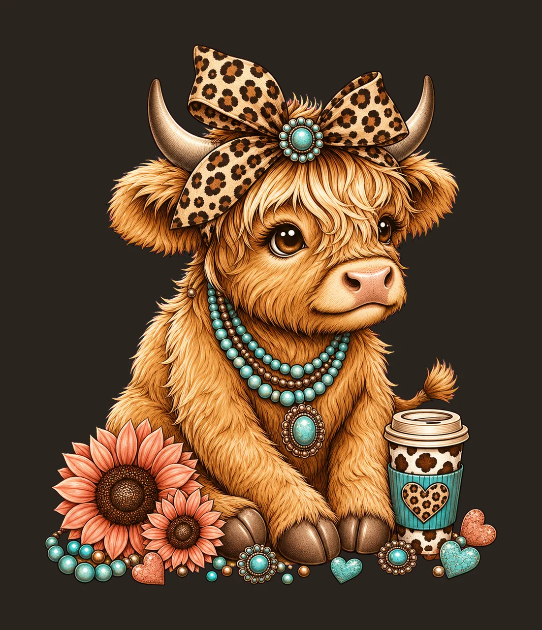Highland Cow Leopard Bow Coffee sublimation Variation A contrast preview thumbnail
